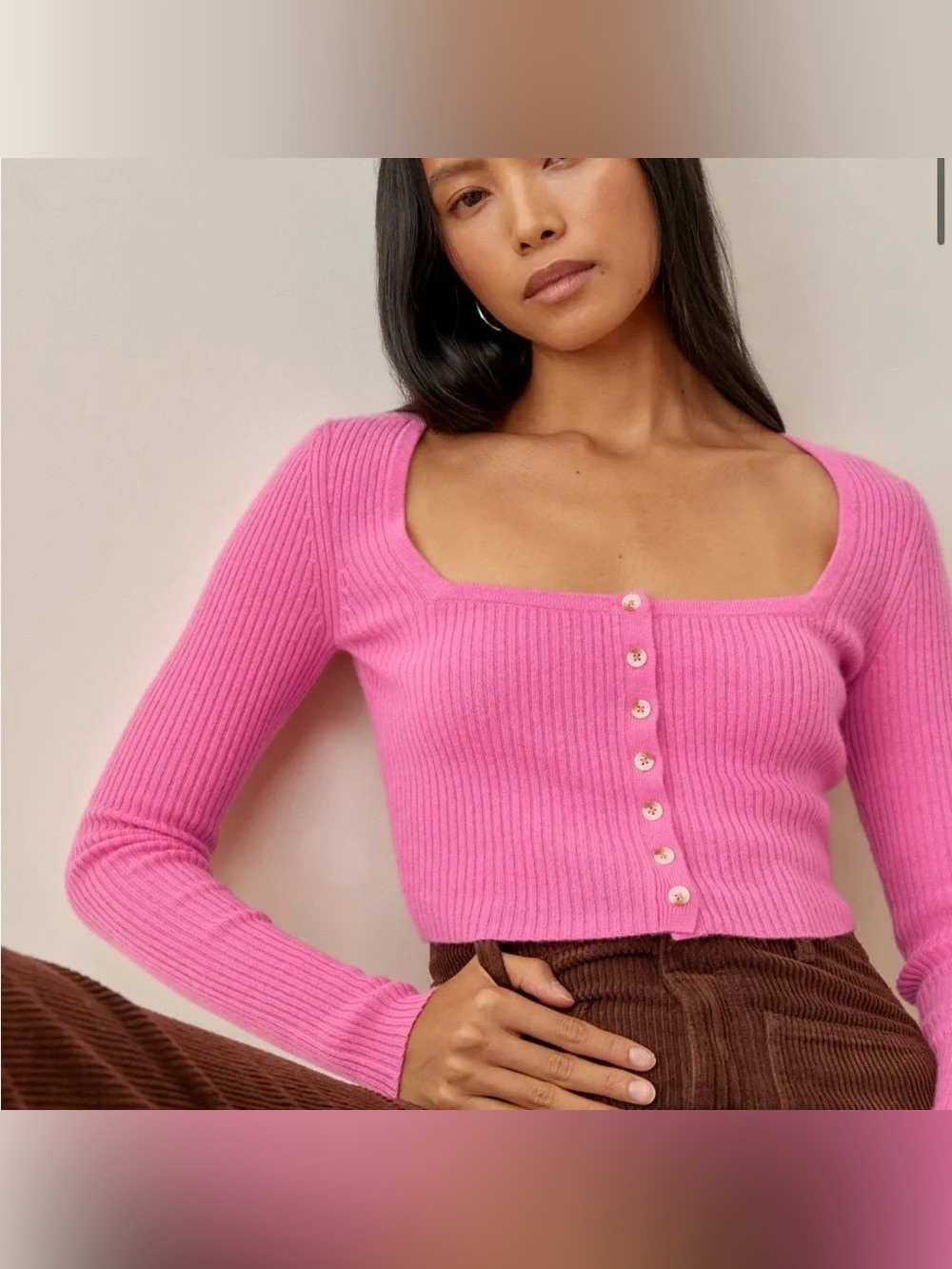 Reformation Cashmere Idina Pink Ribbed Button-Front Crop Cardigan in Snapdragon